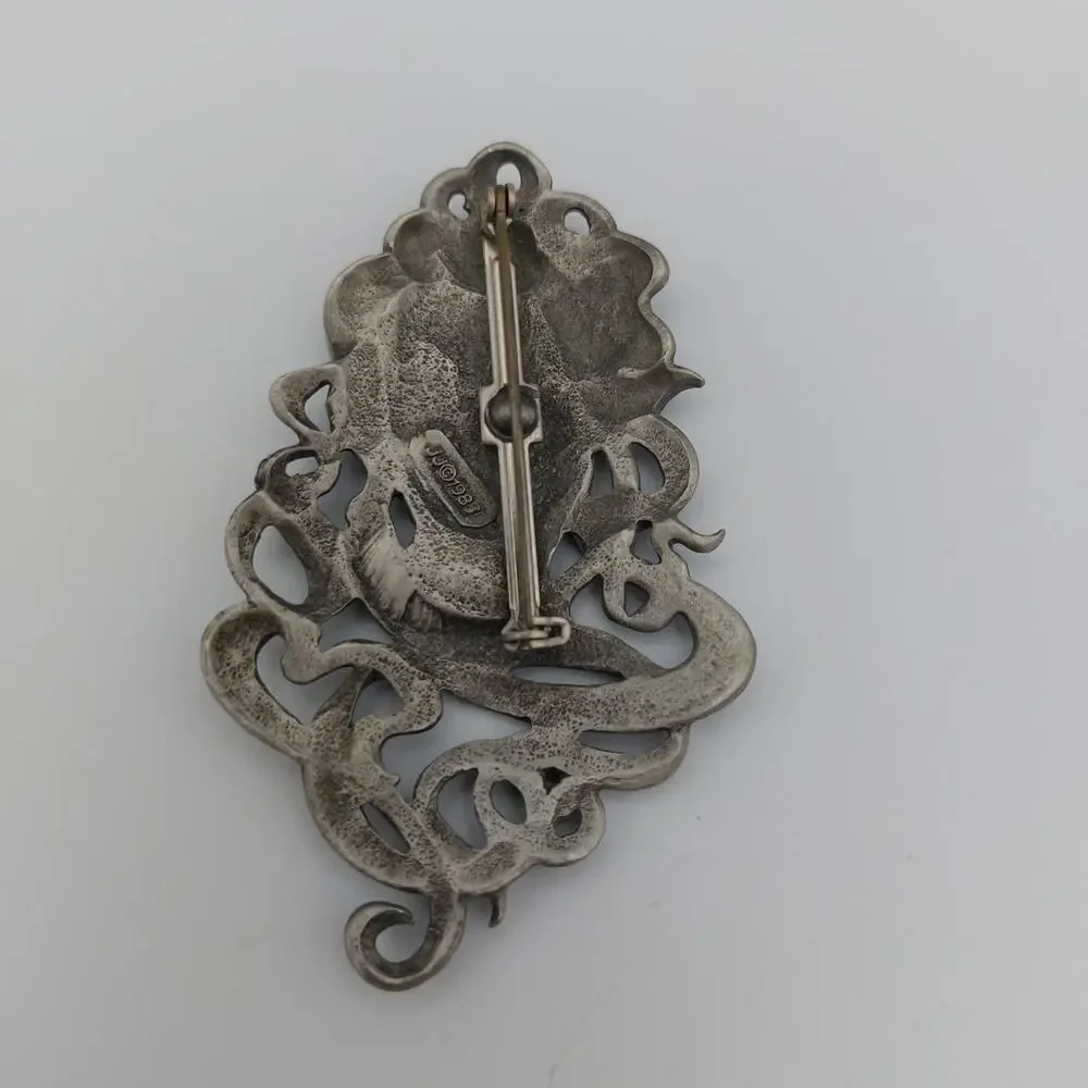 Vintage JJ 1988 Art Nouveau Pewter Lady Brooch Pin Jonette Jewelry Flowing Hair